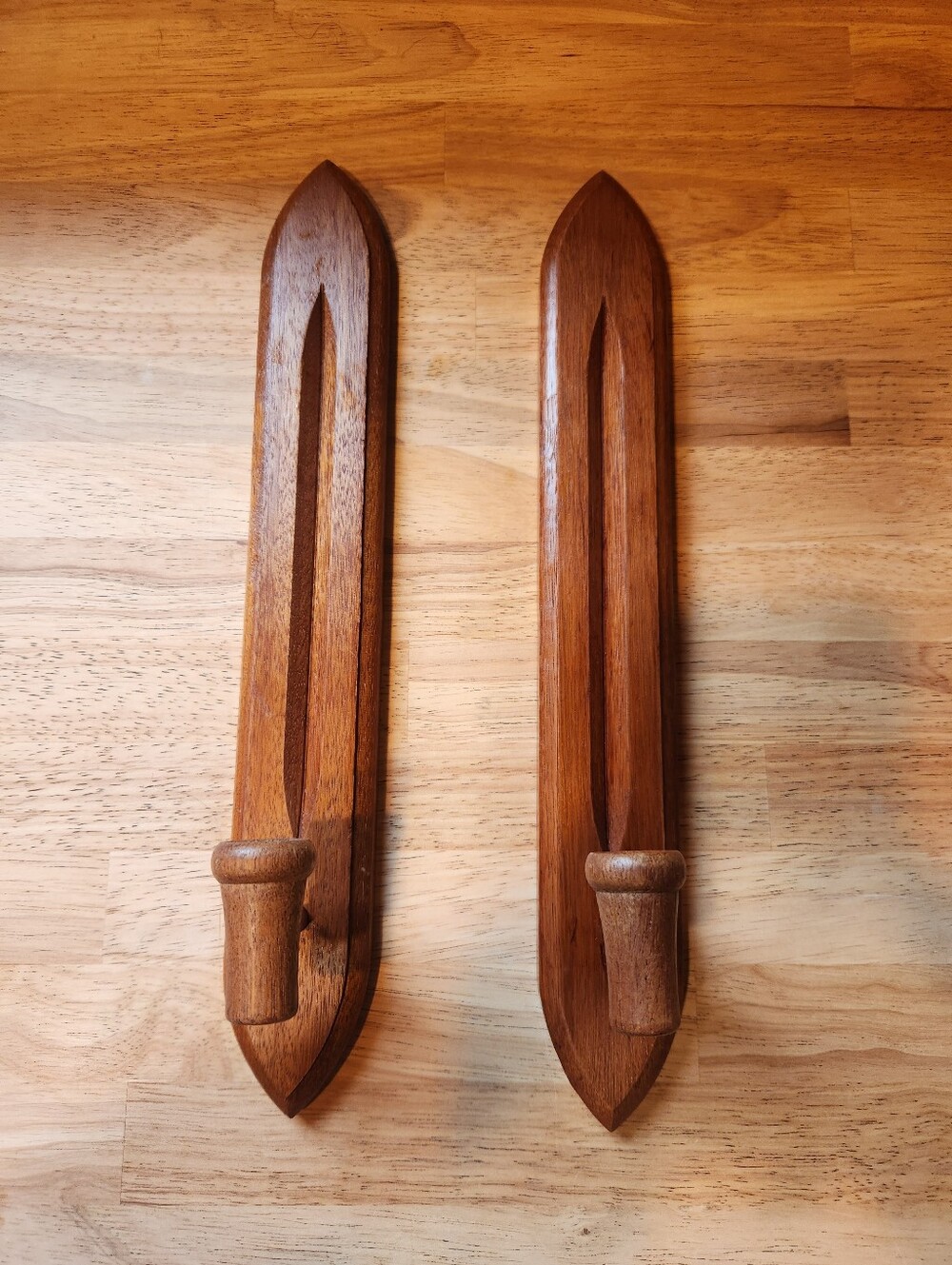 Pair of Midcentury Wooden Candle Sconces in Warm Brown